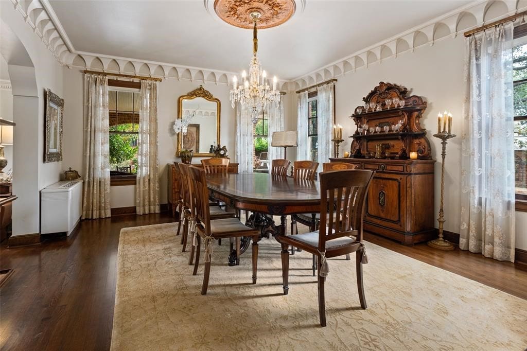 Gothic molding topping the dining room is just one of the period details to relish.