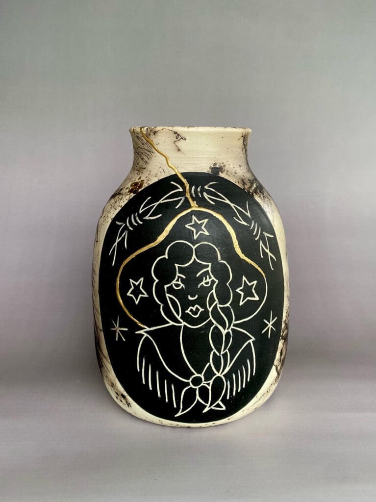 Traditional cultural images make an appearance in Nadia Rosales's "Alambre de Espino," 2023, which previously debuted at Lone Gallery in Dallas  (Photo courtesy of {neighborhood}/Lone Gallery)