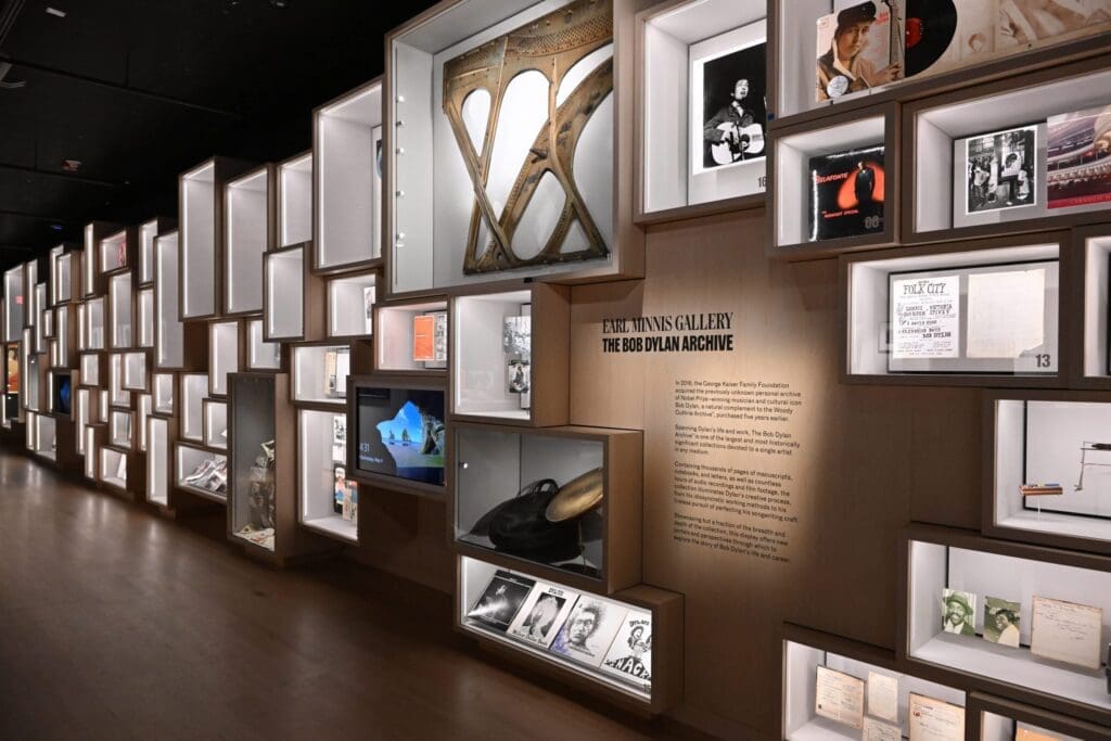 An ever-evolving curated display of elements that illuminate the depth and breadth of the Bob Dylan Archive® collection (Photo by Lester Cohen/Getty Images. Courtesy of Bob Dylan Center®) 