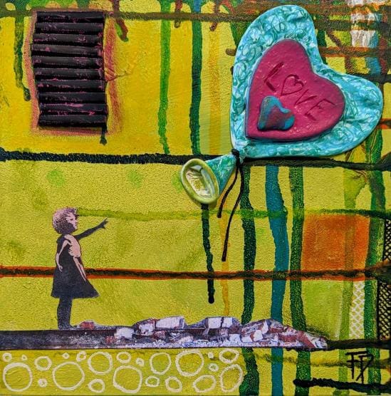 Fabrice Plantard's work features a rendition of Banksy's iconic "Boy with a Balloon" at "Multi-Zen-Sery" at The Alta Arts (Photo by Brittany Ellis)