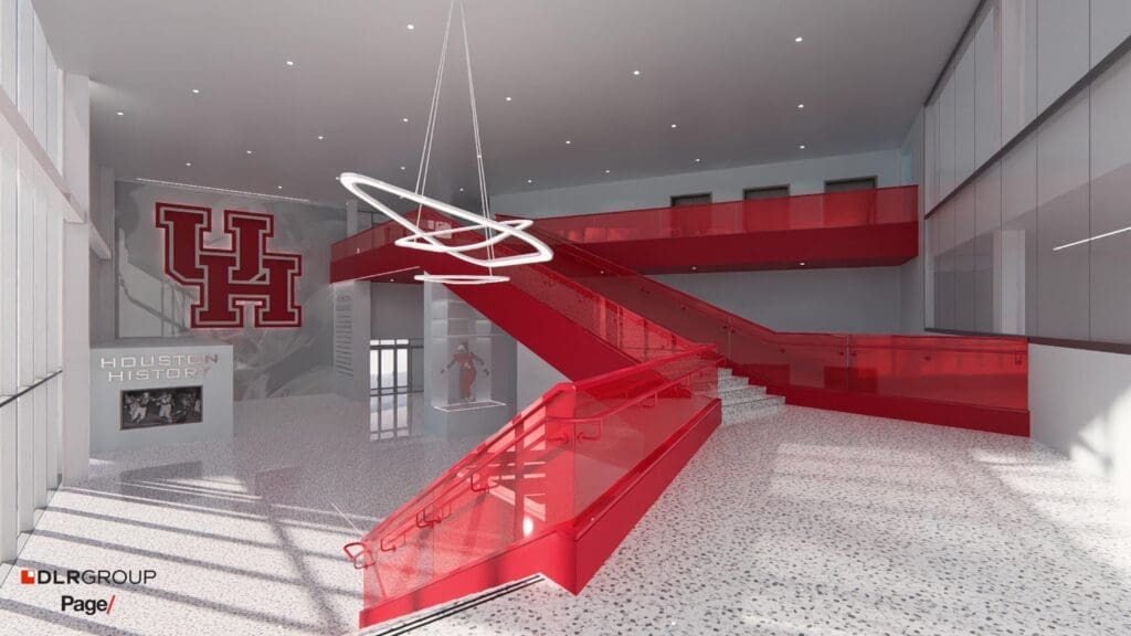 The new University of Houston football building will have a dramatic red staircase in its entrance lobby. (Courtesy UH Athletics)