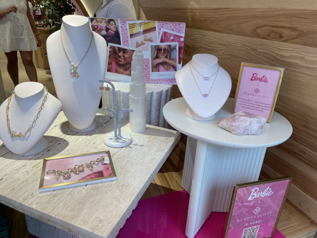 The Barbie collection is at the front of the Kendra Scott store in Market Street.