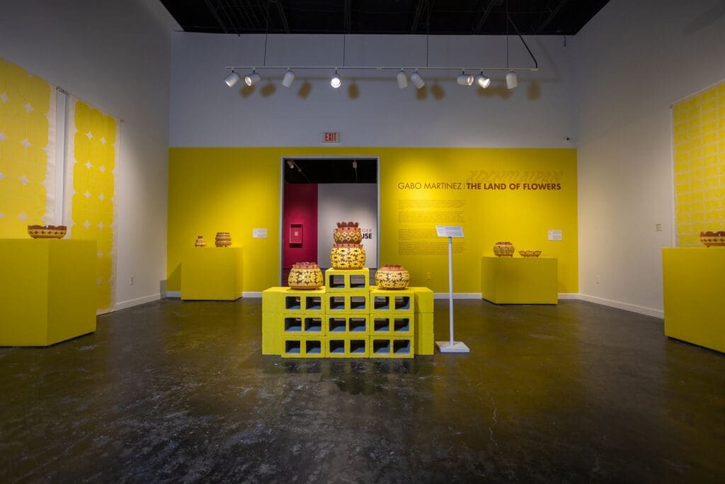The color yellow is the star of the show in Gabo Martinez's “The Land of Flowers” at Houston Center for Contemporary Craft (Photo by Katy Anderson)