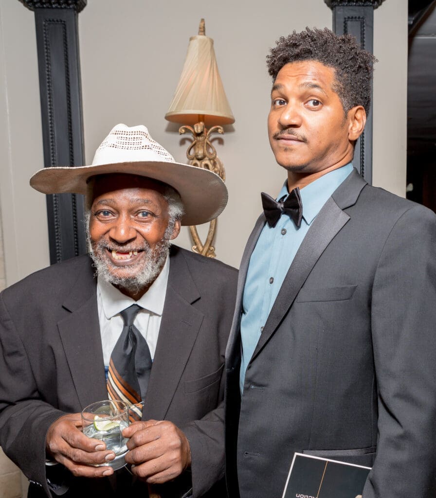 Artists Jesse Lott and Angelbert Metoyer attended the Texas Artist of the Year Gala for Art League Houston's 2016 Lifetime Achievement Award, which was presented to Jesse Lott. Lott mentored Metoyer for many years. (Photo by Alex Barber, courtesy Art League Houston)