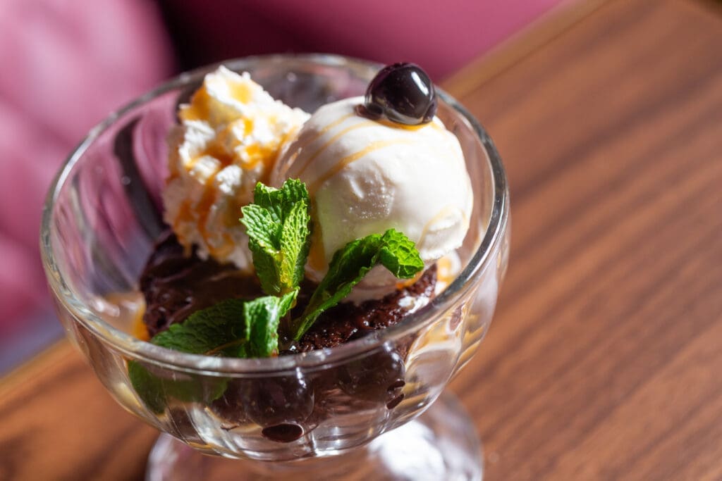 The cinema's dessert menu includes a decadent fudge brownie.  
