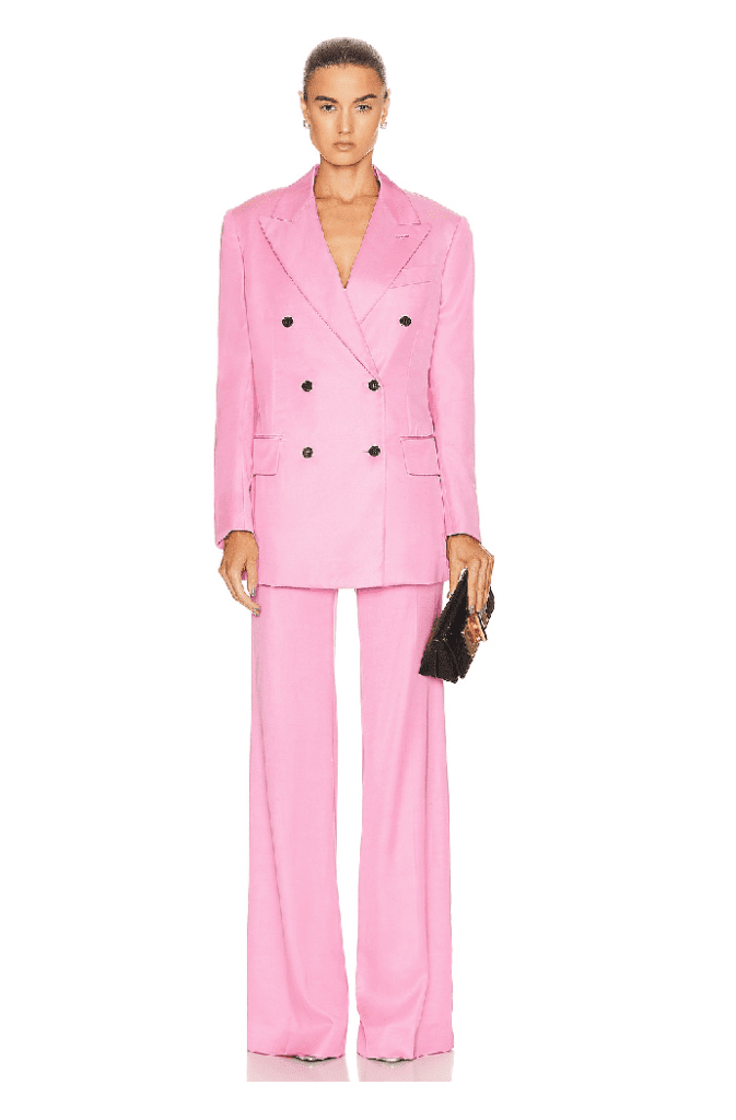 Tom Ford twill boyfriend jacket and matching wide leg pant, $4,490 and $1,699 respectively.