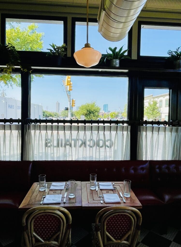 A fabulous view of the Fort Worth skyline peeks out above the café curtains. (Photo by Courtney Dabney)