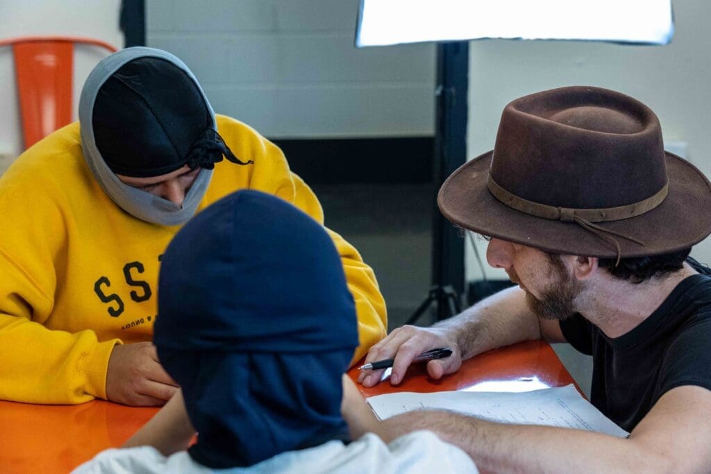 Behind the scenes of "Border Life" during the spring 2023 filmmaking residency with the Juvenile Probation Department (Photo by Jonathan Myers)