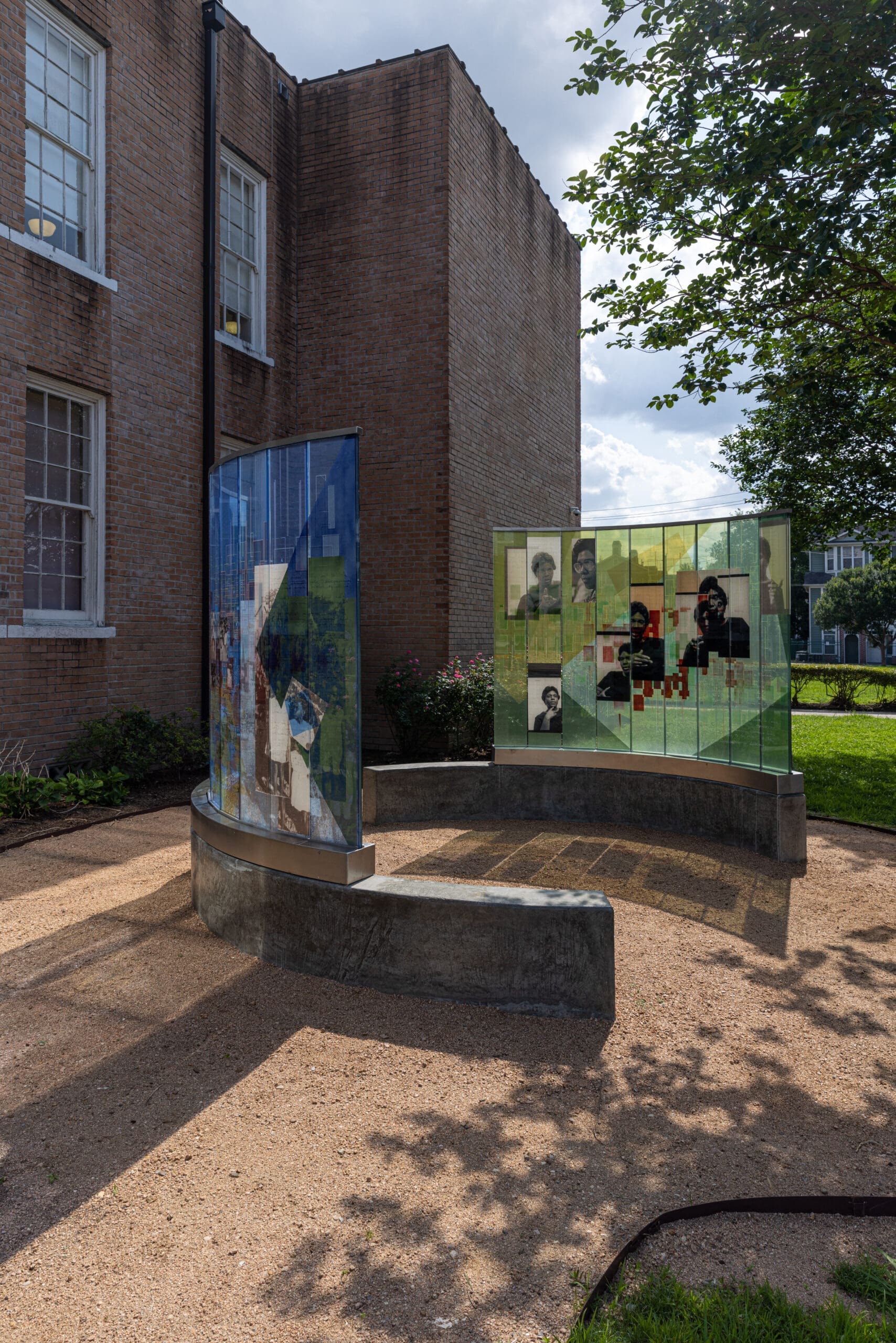 "The Meditative Space" is made up of two curved glass panels that show Barbara Jordan's expansive legacy and impact. (Photo by Alex Barber)