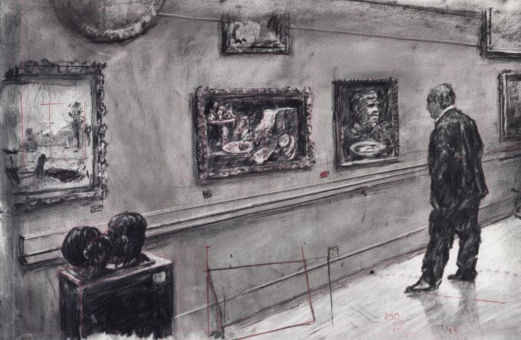 William Kentridge's "City Deep," 2020. This still from the video "City Deep" features Soho Eckstein, a recurring protagonist who has appeared in numerous Kentridge films. (Courtesy Museum of Fine Arts, Houston)
