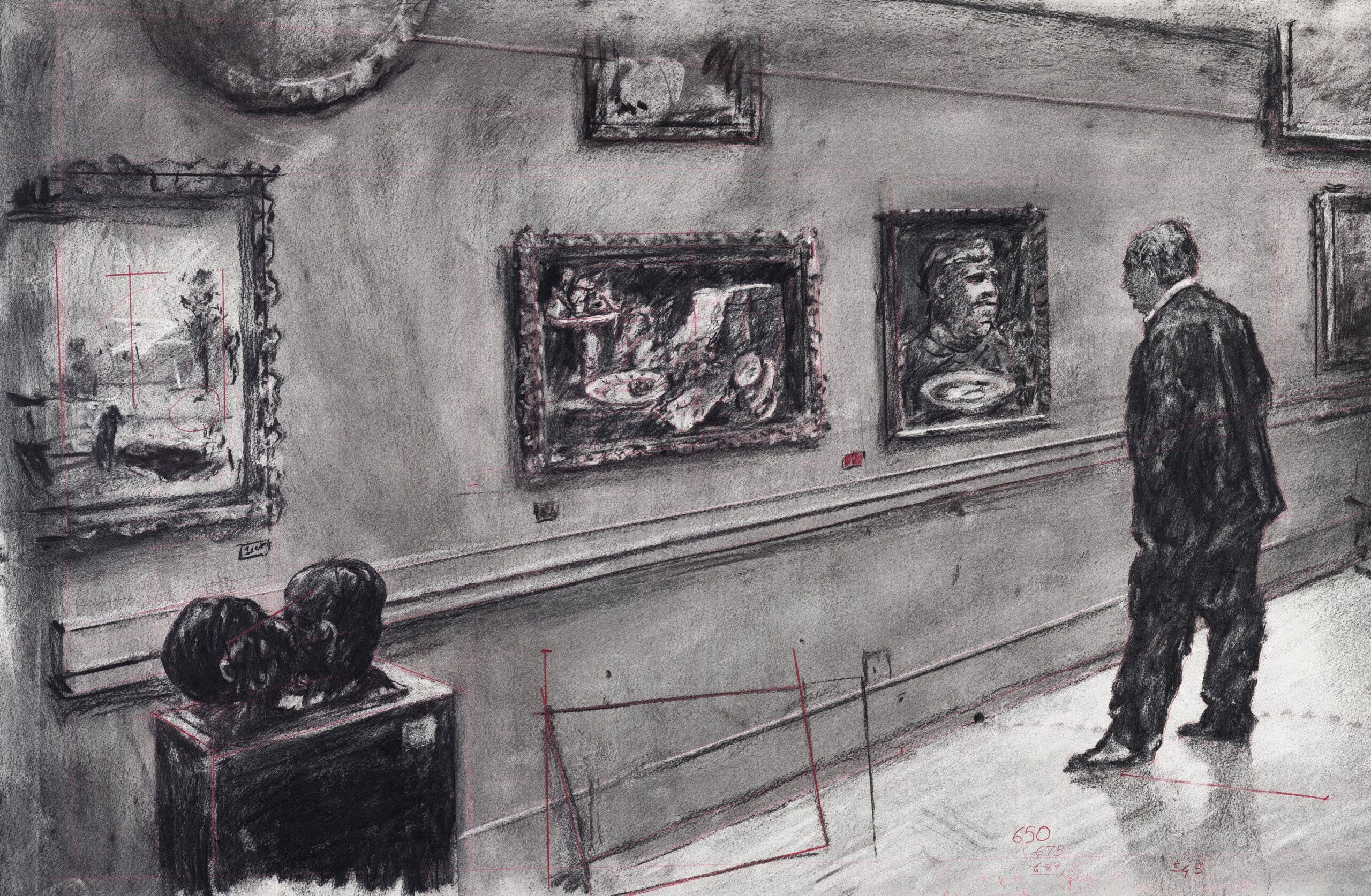 William Kentridge's <em>City Deep</em>, 2020. This still from the video<em> City Deep</em> features Soho Eckstein, a recurring protagonist who has appeared in numerous Kentridge films. (Courtesy Museum of Fine Arts Houston)