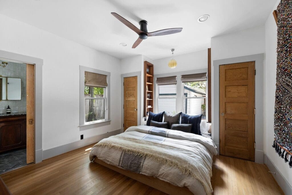 The primary bedroom at 1635 Hawthorne in Houston's Montrose neighborhood. (Photo by Josh Gremillion for Martha Turner Sotheby's International Realty )