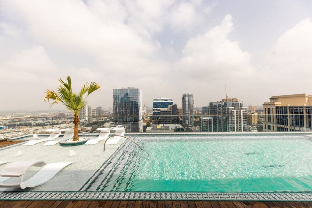 The rooftop infinity pool features hand-designed tiles. (Photo by Kathy Tran)