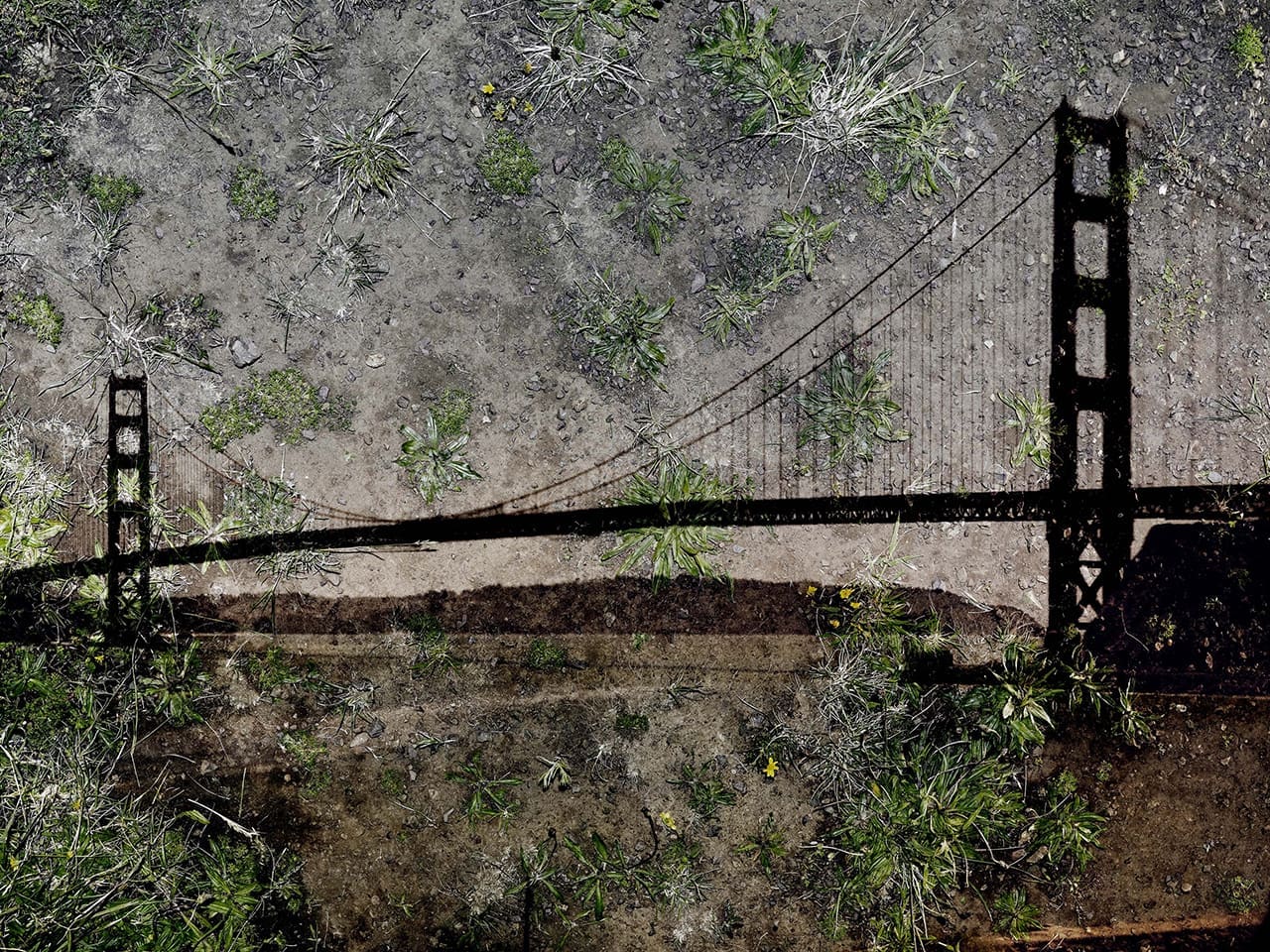 Abelardo Morell's tent-camera image on ground work <em>View of the Golden Gate Bridge from Battery Yates</em>, 2012. (Courtesy Foto Relevance)