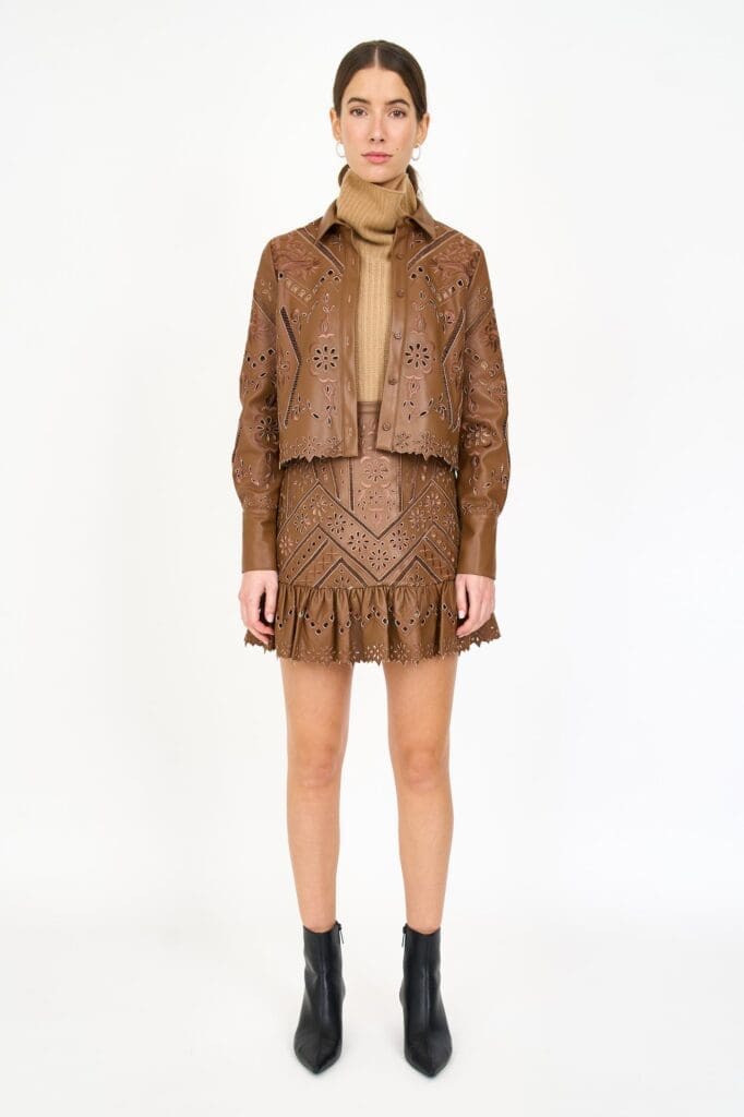 Christy Lynn vegan leather ensembles in the fall collection. (Photo by Jordan Geibel)
