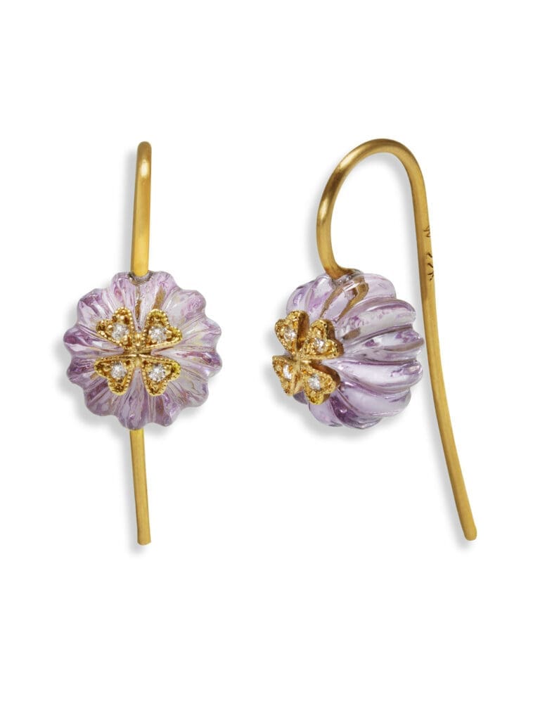 Celebrate nature with these Cathy Waterman Amethyst Flower Bead With Wildflower Overlay Yellow Gold Earrings 