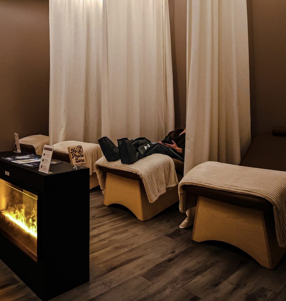 Slip your legs into these toe-to-thigh Normatec boots, a 30-minute compression therapy that can increase circulation and move the lymphatic .. It’s an optional add-on to a facial or massage. (Photo by Courtesy of Escape Spa)