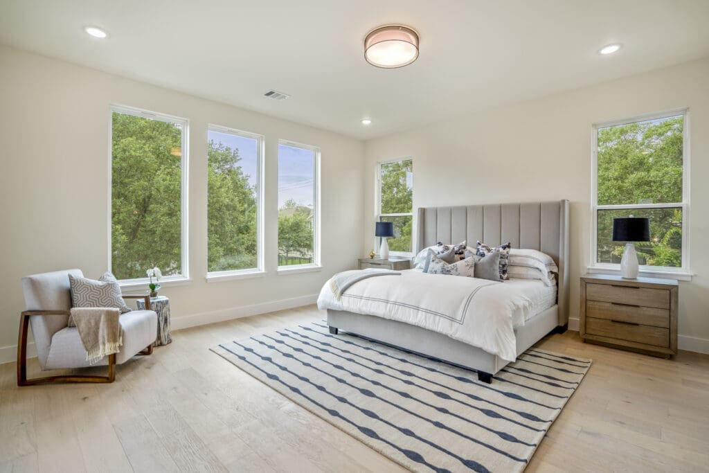 The primary suite in the home at 951 Byrne Street in Houston's Woodland Heights neighborhood.