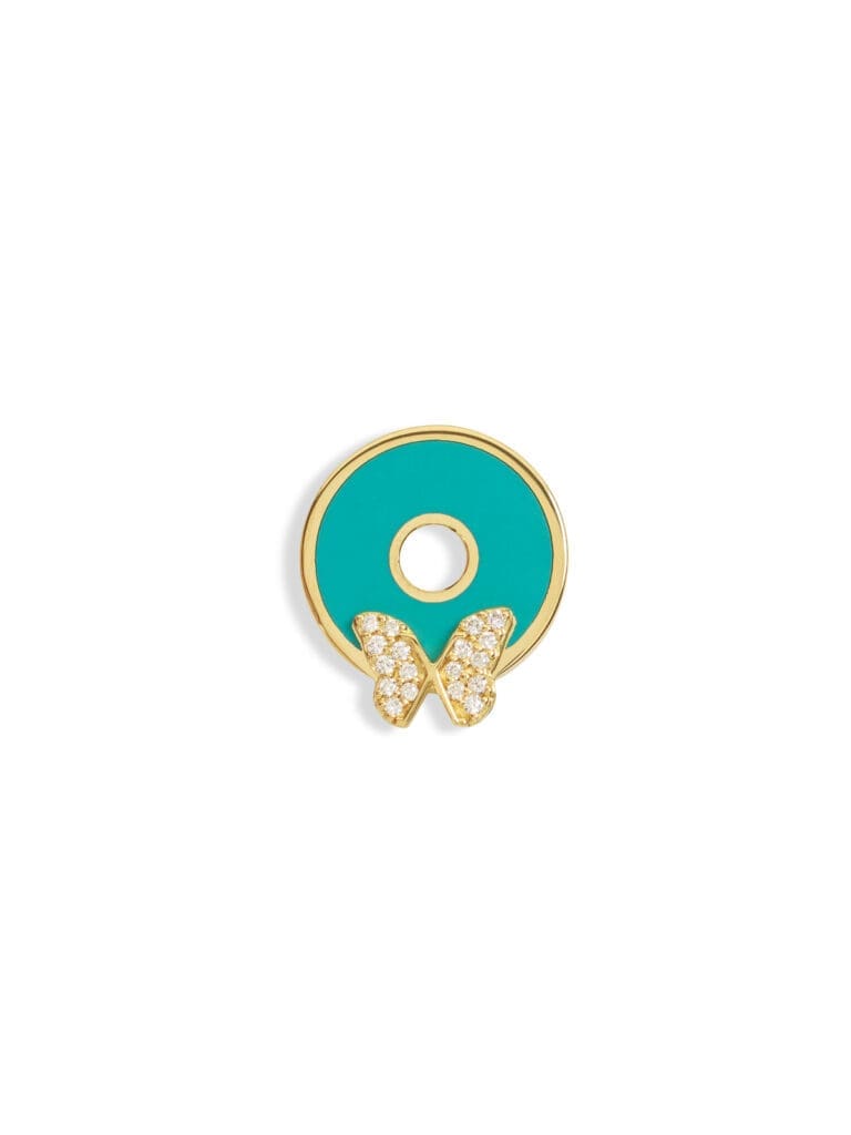 Foundrae Reverie Butterfly Yellow Gold Single Earring Disk is handcrafted in 18-karat gold and fused with aqua ceramic.
