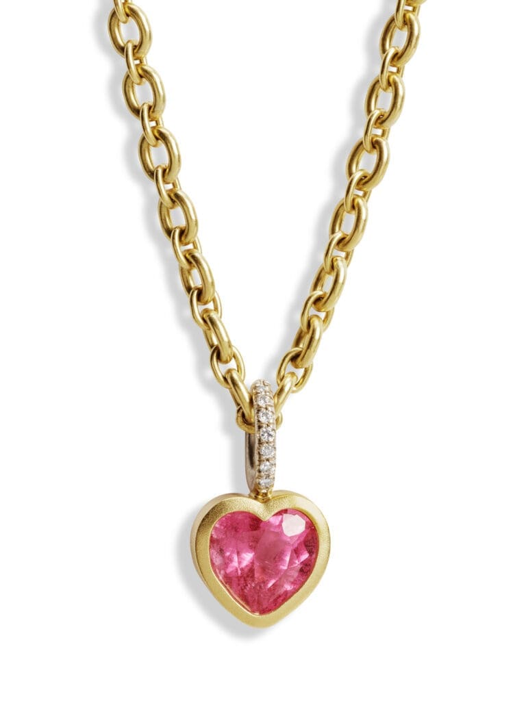 Dazzle in this bright Irene Neuwirth Love One-Of-A-Kind Rubellite Bezel Heart Yellow Gold Necklace.