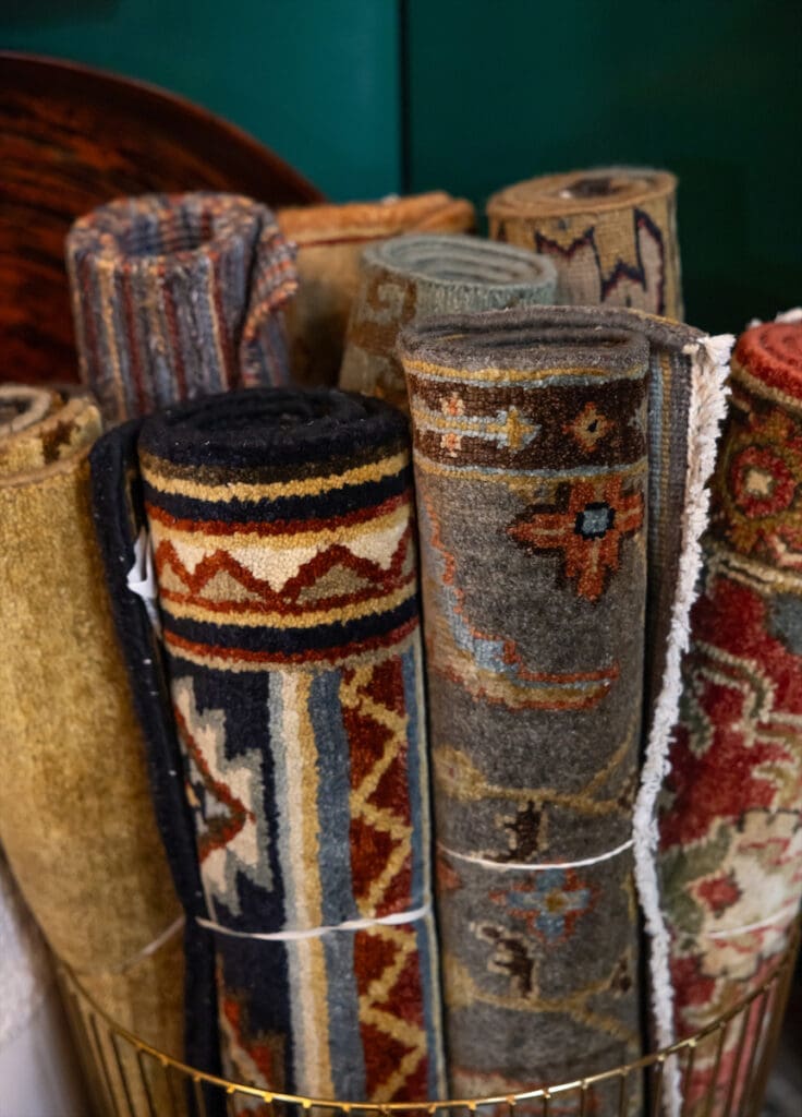 Rugs at Joel Baldazo's vignette at Thrift Studio 2023.  (Photo by Aaron Dougherty)