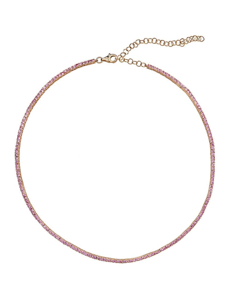 This pink sapphire tennis necklace by Lee Jones is artfully crafted from 14-karat yellow gold, lavishly adorned with 4.89 carats of glimmering pink sapphires.