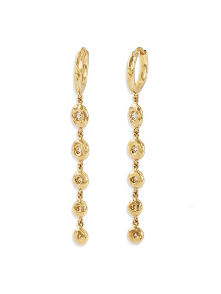 Octavia Elizabeth Five Tiered Diamond Charmed Micro Gabby Gold Hoops are a staple earring for a night out.