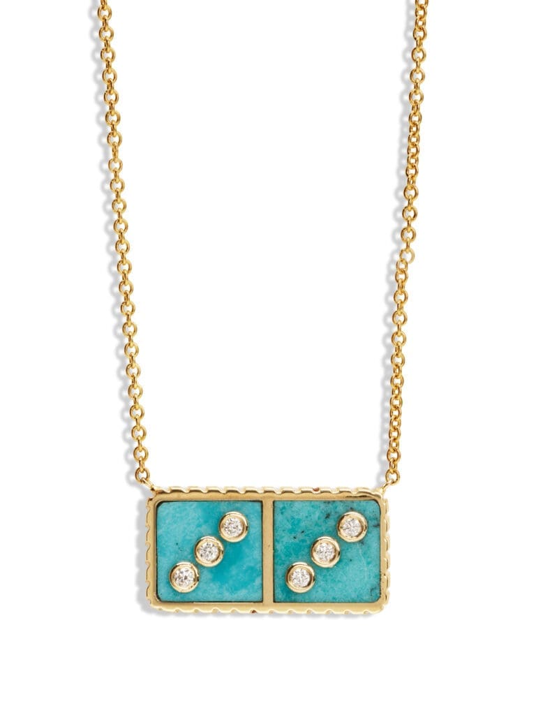 Retrouvai's Turquoise and Diamond Petite Domino Yellow Gold Necklace is crafted in 14k gold and turquoise, detailed in six sparkling white diamonds.