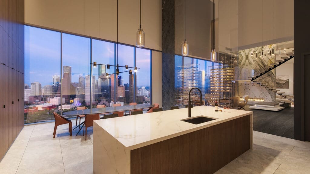 Renderings of Penthouse 3502 in Residences at The Allen as imagined by DC Partners founder and CEO Roberto Contreras and Chelsea Arrellano, DC Partners director of interiors.
