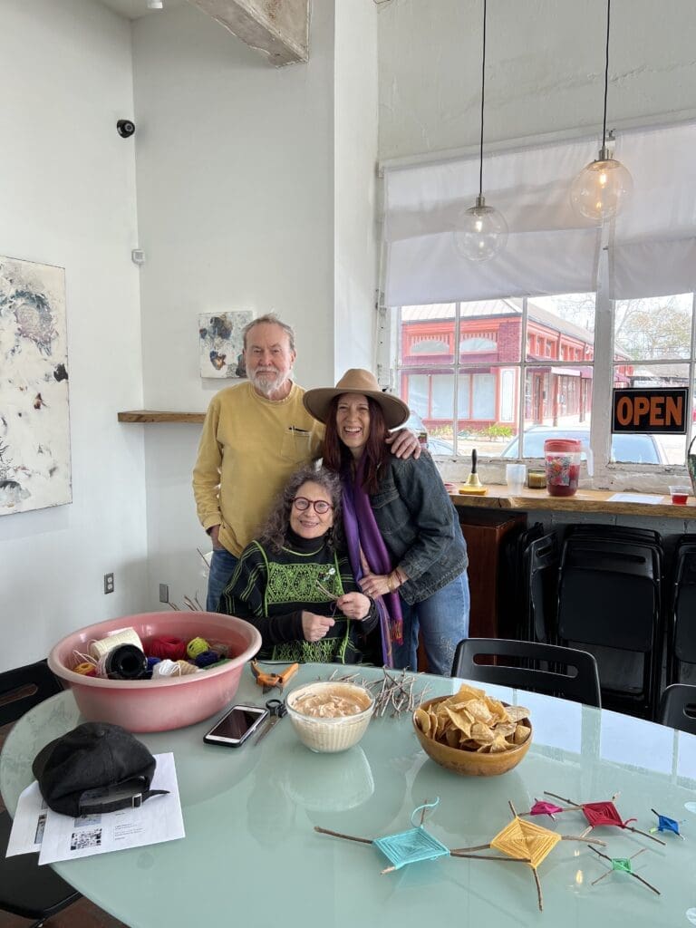 A typical Saturday in the Houston Heights: "Captain" Wayne Gilbert, featured artist Susan Plum, Catherine D. Anspon, at G Spot Contemporary Art Space, February 2023.