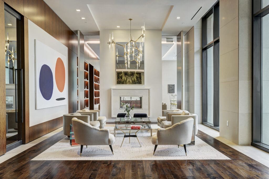 The stunning lobby of The River Oaks sets the tone for impeccable living. 