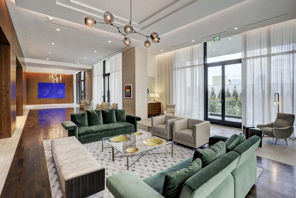 The building also boasts beautifully designed gathering spaces available for residents to enjoy.