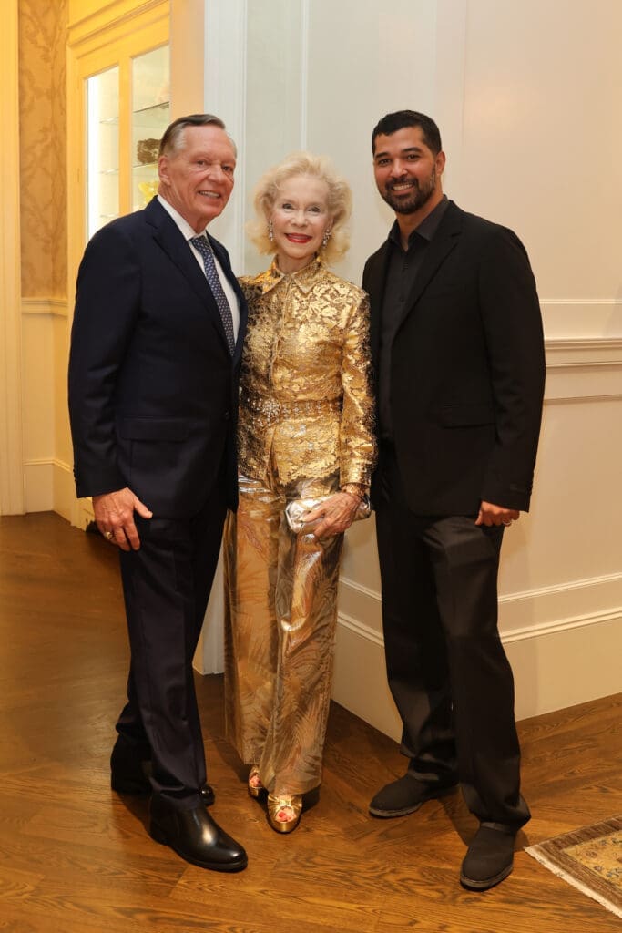 Richard Flowers, Lynn Wyatt, Angel Rios at the Lynn & Oscar Wyatt birthday/wedding anniversary celebration at the Houston Petroleum Club. (Photo by Priscilla Dickson)