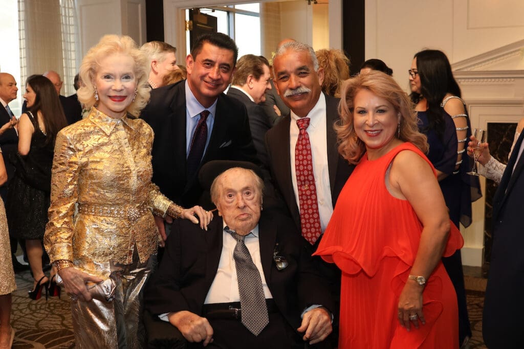 Lynn & Oscar Wyatt with Dr. Sam Hunt, Oscar Saenz and his wife Anna Lisa Garza at the Wyatt's birthday/anniversary celebration at the Houston Petroleum Club.  (Photo by Priscilla  Dickson)
