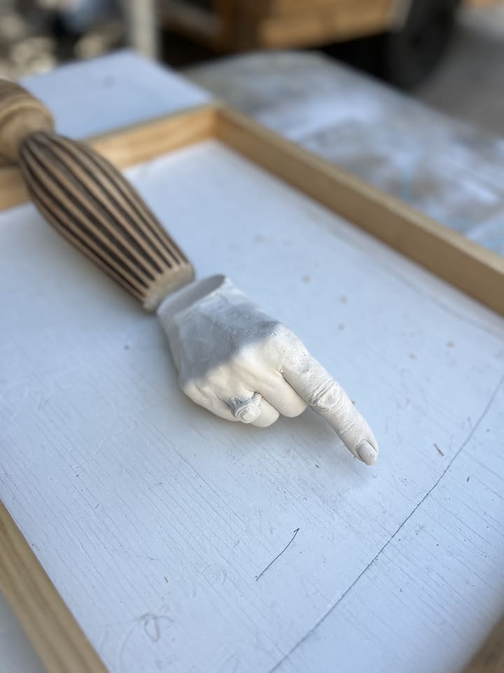 A sneak peek at Patrick Medrano's work in progress featuring the hand and words of PaperCity's Shelby Hodge. (Photo by Katy Anderson)