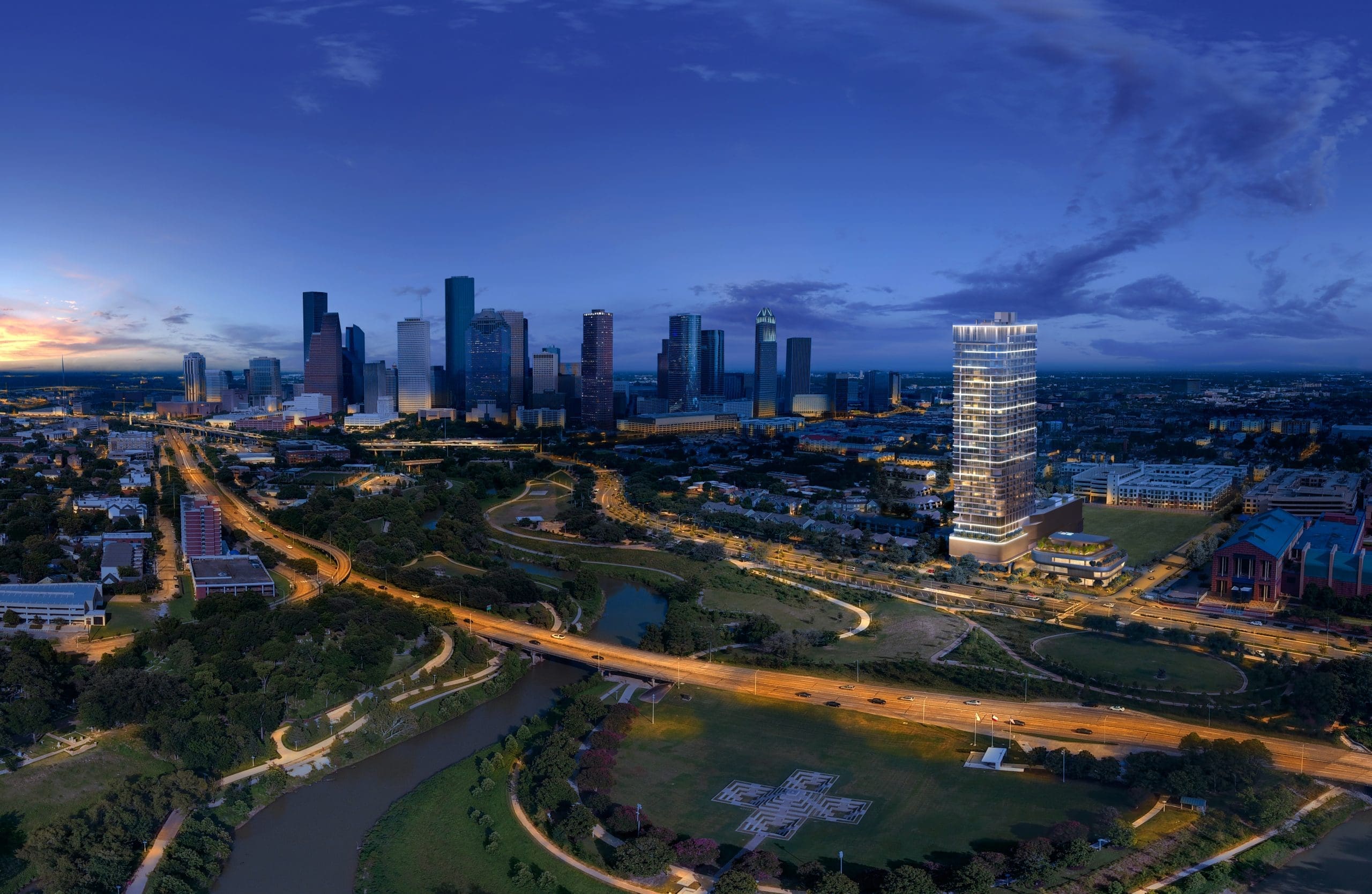 The Allen overlooking Allen Parkway and Buffalo Bayou Park.