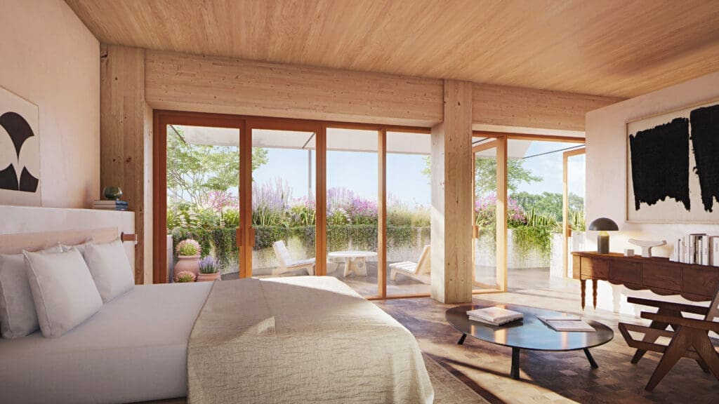 Primary bedroom in one of only 10 luxury residences in the Sixth&Blanco mixed-use development in Austin's Clarksville neighborhood. (Renderings from Herzog & de Meuron)  
