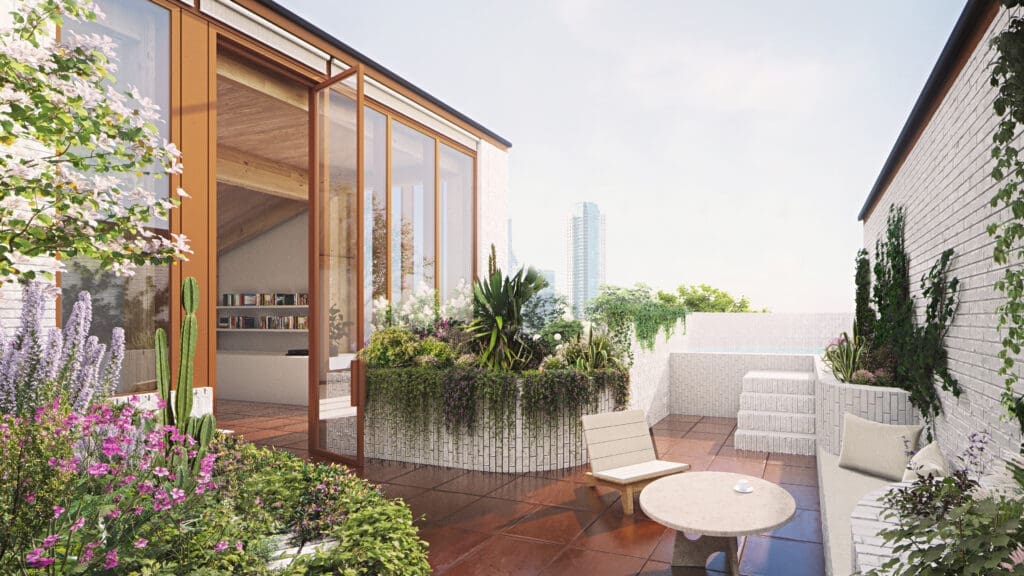 The great terrace one of the 10 luxury residences in the Sixth&Blanco mixed-use development in Austin's Clarksville neighborhood.  (Renderings from Herzog & de Meuron)