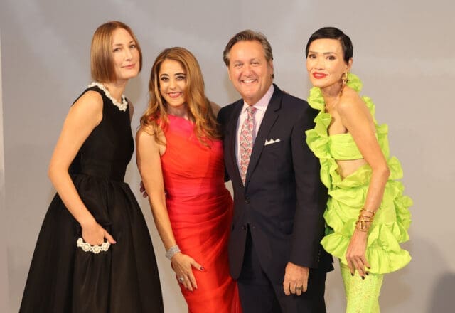 Honorees Tatiana Massey, Kristina Somerville and Duyen Nguyen with Neiman Marcus' Preston Antonini at the PaperCity Philanthropy in Fashion  Houston Best Dressed luncheon. (Photo by Priscilla Dickson)