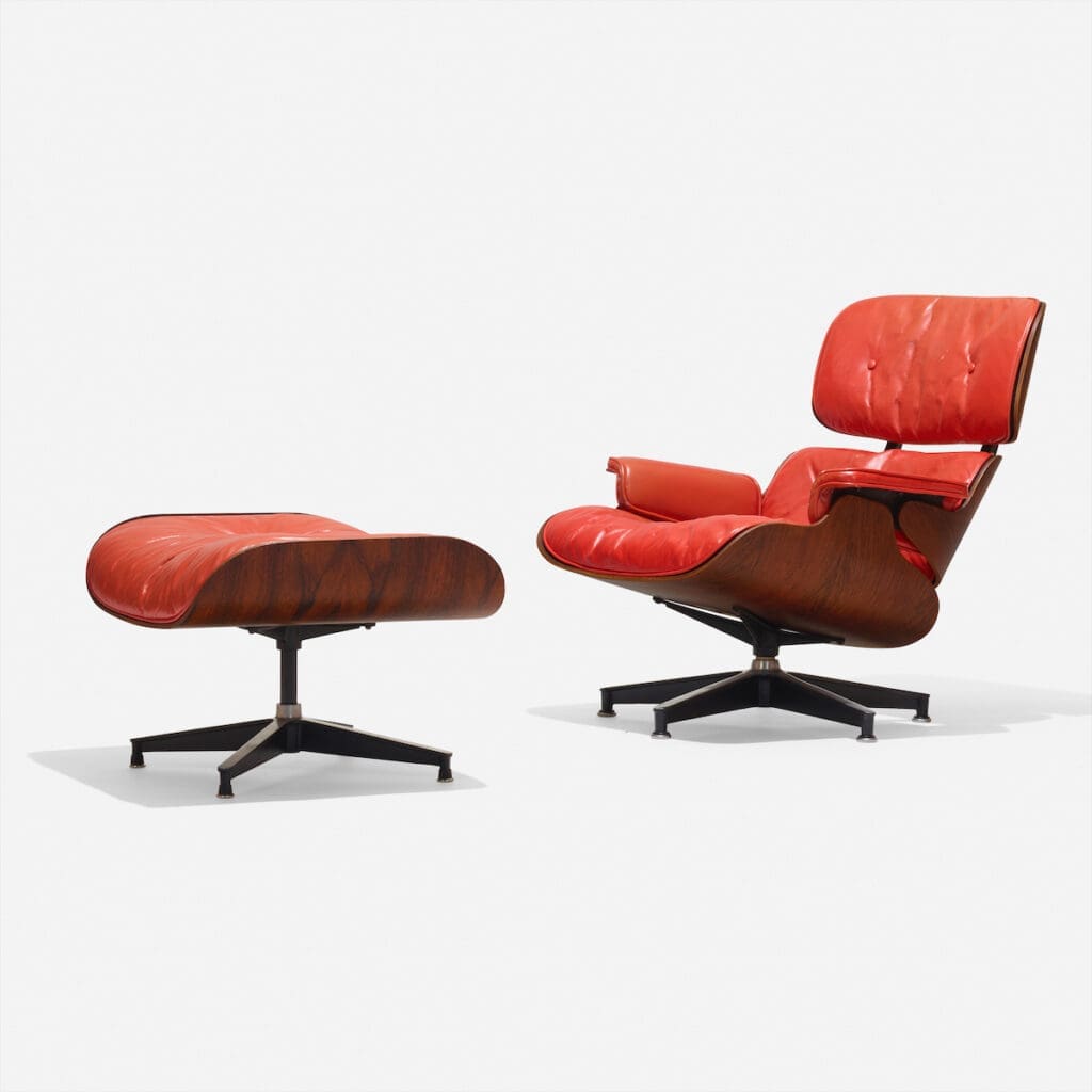 Special-Order 670 lounge chair and 671 ottoman by Charles and Ray Eames, 1956 (rosewood plywood, leather, brushed and enameled aluminum)
