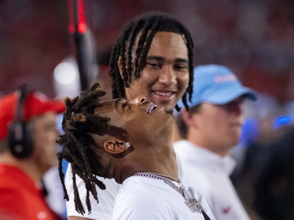 Former UH receiver Tank Dell had CJ Stroud entertained at the Cougars' season opener. (Photo by F. Carter Smith)