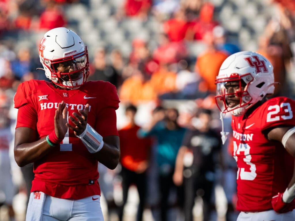 University of Houston quarterback Donovan Smith is a big fan of freshman running back Parker Jenkins' work ethic.  (Photo by F. Carter Smith)
