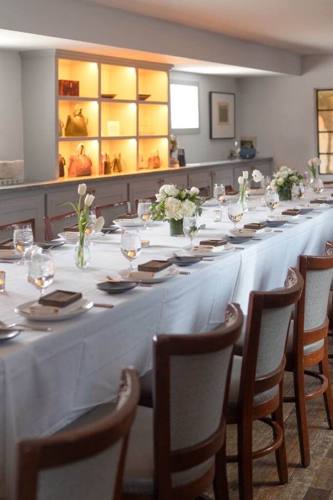 The private party room at Bludorn dressed for The Nat Note and Leatherology dinner. (Photo by Fernanda Varela Photography)