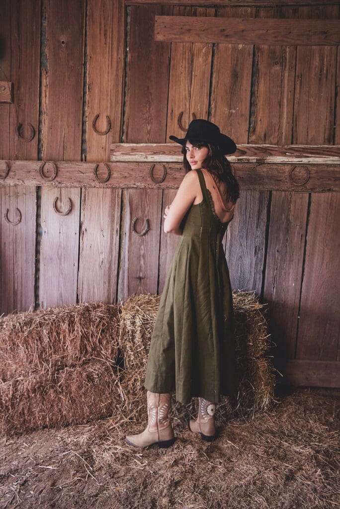 The India Dress, $265, and The Sadie boot, $395, by Kristopher Brock for Tecovas.