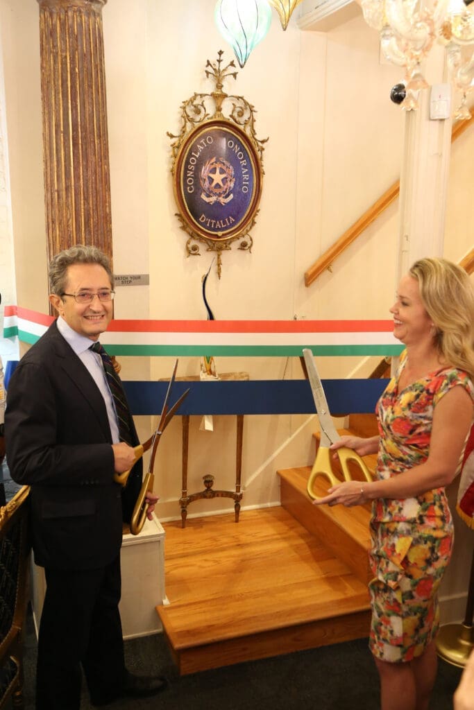 Italian General Consul Mauro Lorenzini of Houston and New Orleans City Council president Helena Moreno cut the ribbons at the installation of Franco Valobra as Honorary Consul Italy for Louisiana. (Photo by Darryl Schmitt)