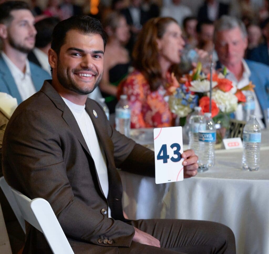 Lance McCullers with his bid number that matches his Astros jersey number at Team Up. (Photo by Michelle Watson)