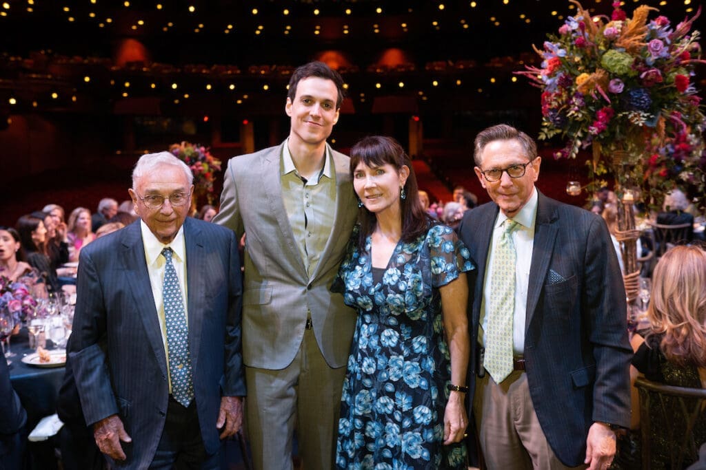 Marvin McMurrey, Chase O'Connell, Martha McMurrey, Ed Septimus on stage at Wortham Theater Center for Houston Ballet's Opening Night Dinner. (Photo by Wilson Parish)