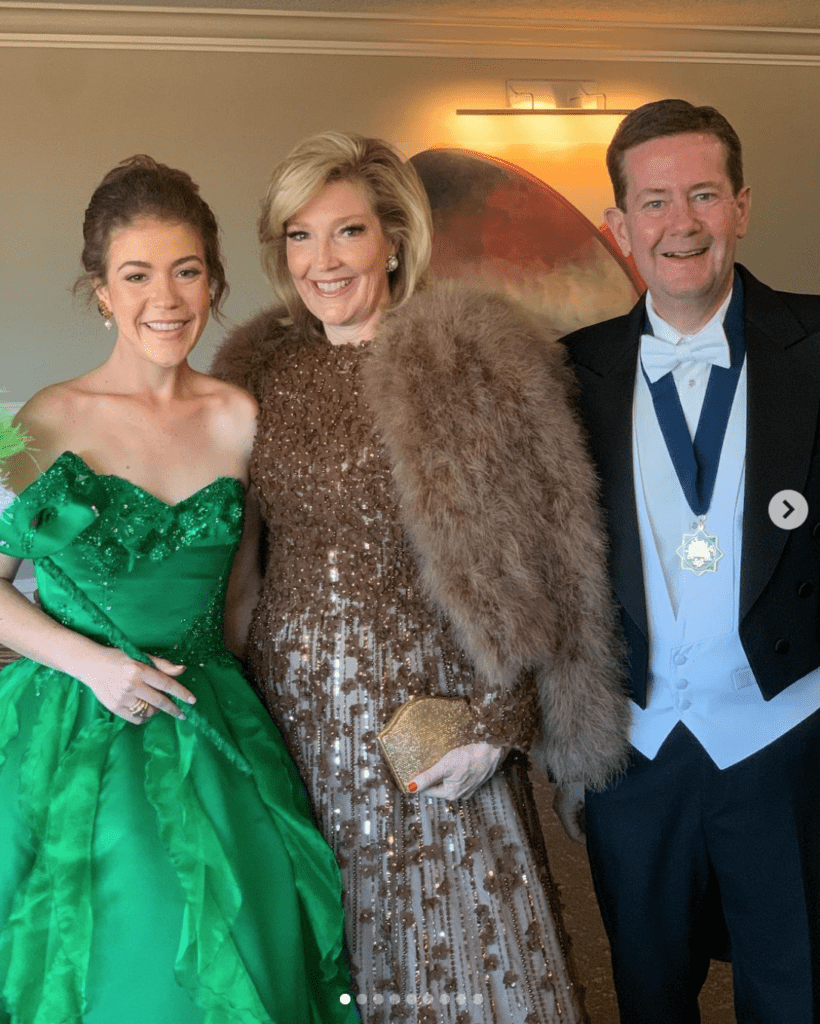 Duchess Mary Kate Smith, Kathryn & Jeff Smith at the 2023 Knights of Momus Coronation Ball in Galveston. (Instagram photo)