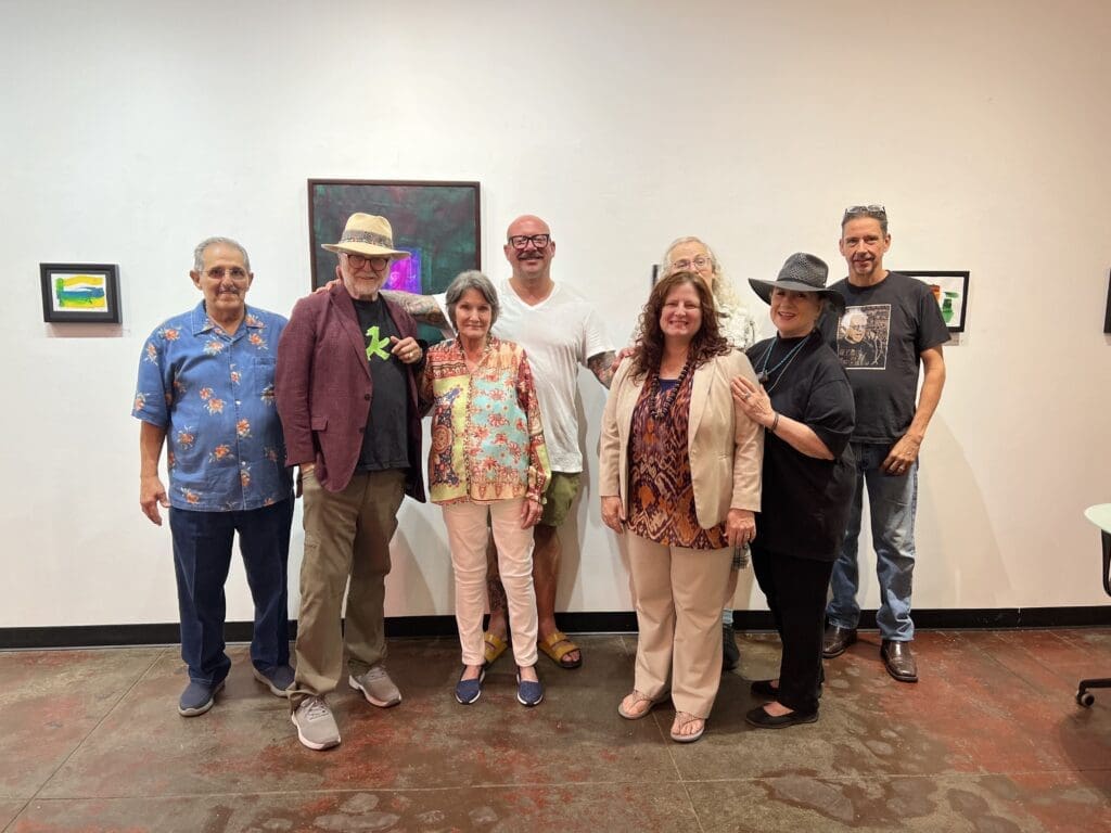 The Heights gang carries on: A J Vallone, Gus Kopriva, Beverley Gilbert, Jim Bagley, Doria Goldman, Micah Jackson, Michelle O'Michael, John Walker at the final show of gGSpot Contemporary, September 2023, for artist Dan Workman.