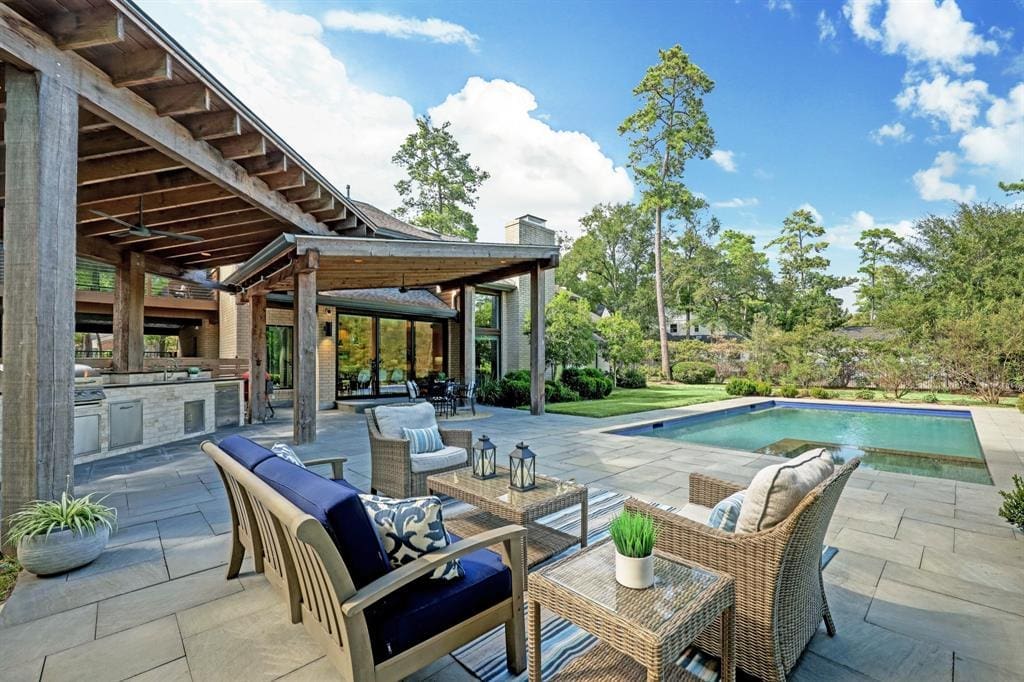 The swimming pool has a timeless, contemporary design. (Photo by TK Images) 